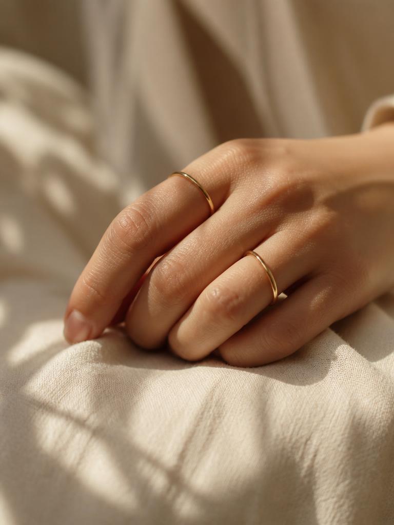 Anillos finos de oro en la mano, luz lateral sobre lino crema