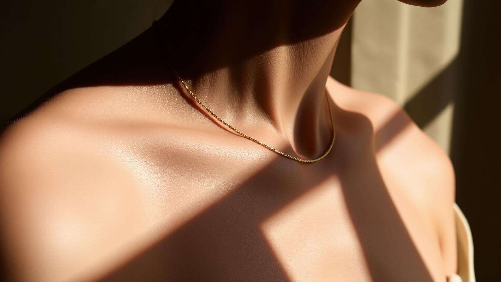 Detalle del hombro y cuello de una mujer con una cadena fina de oro, luz natural suave sobre fondo beige