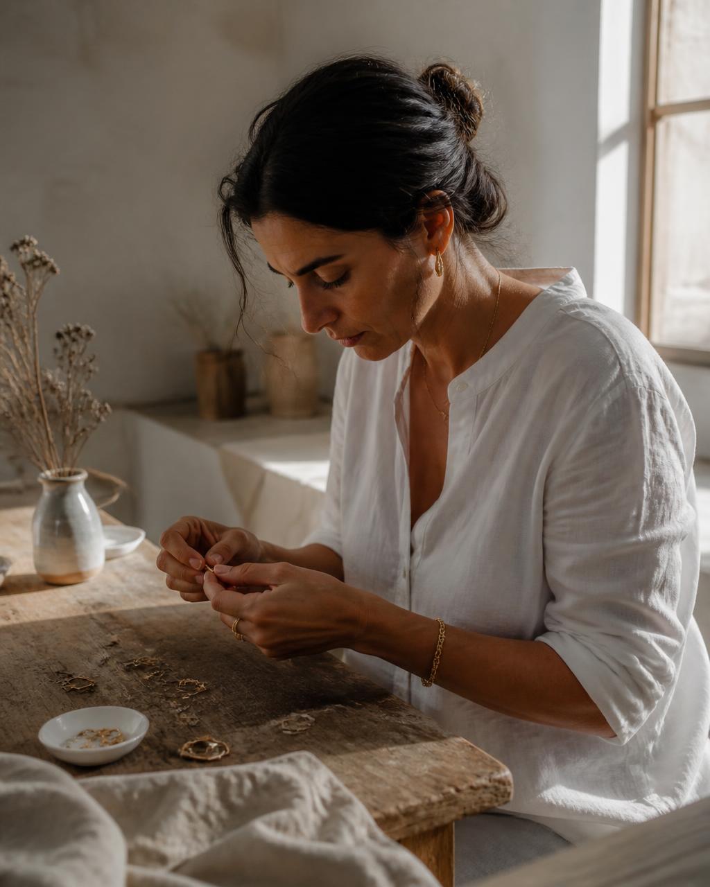 Mujer sentada en un taller tranquilo revisando piezas de joyería con luz natural