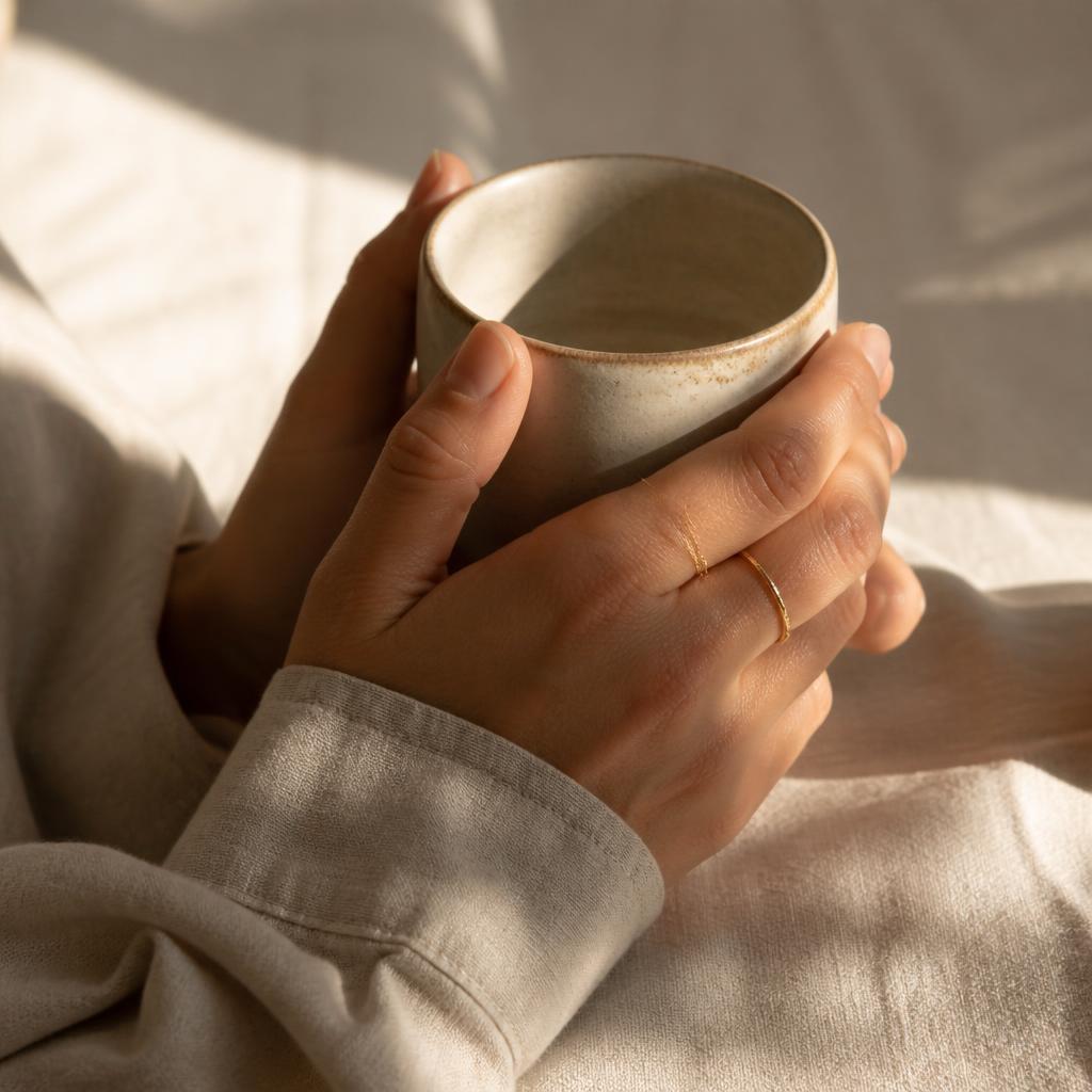 Manos sosteniendo una taza con anillos finos de oro