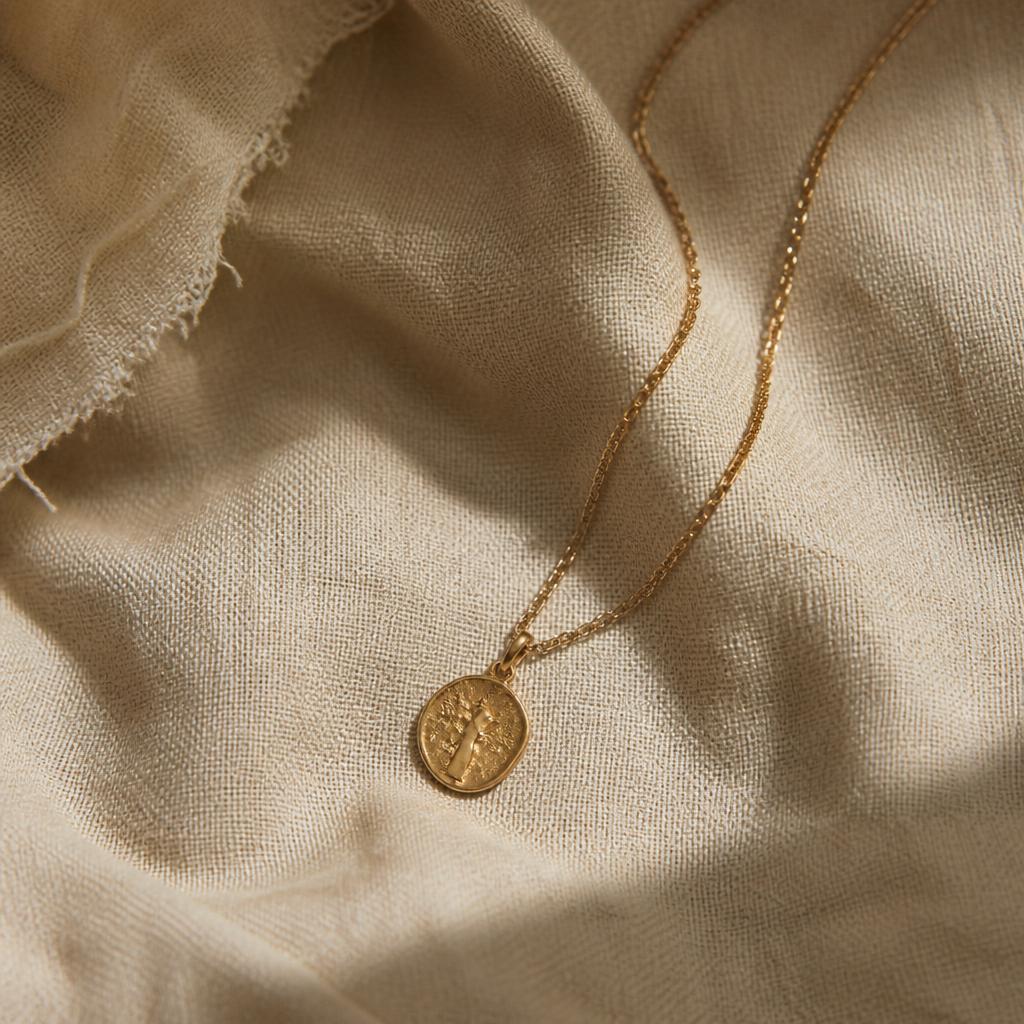 Dije pequeño de oro sobre tela beige