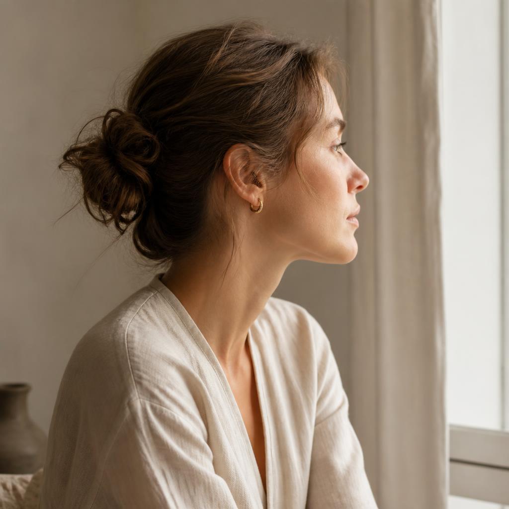Mujer de perfil junto a una ventana con arracada de oro
