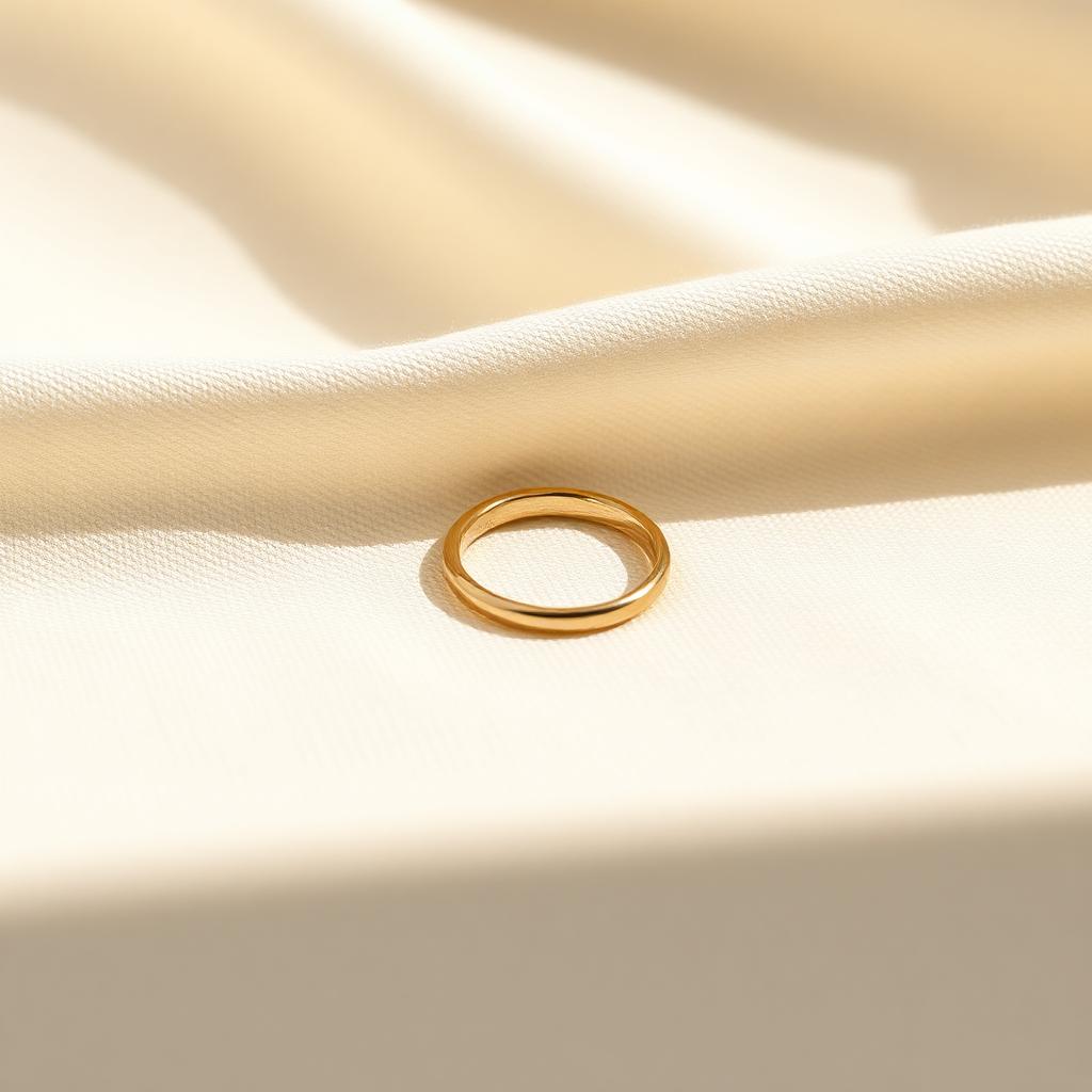 Anillo delgado de oro sobre una superficie de lino claro