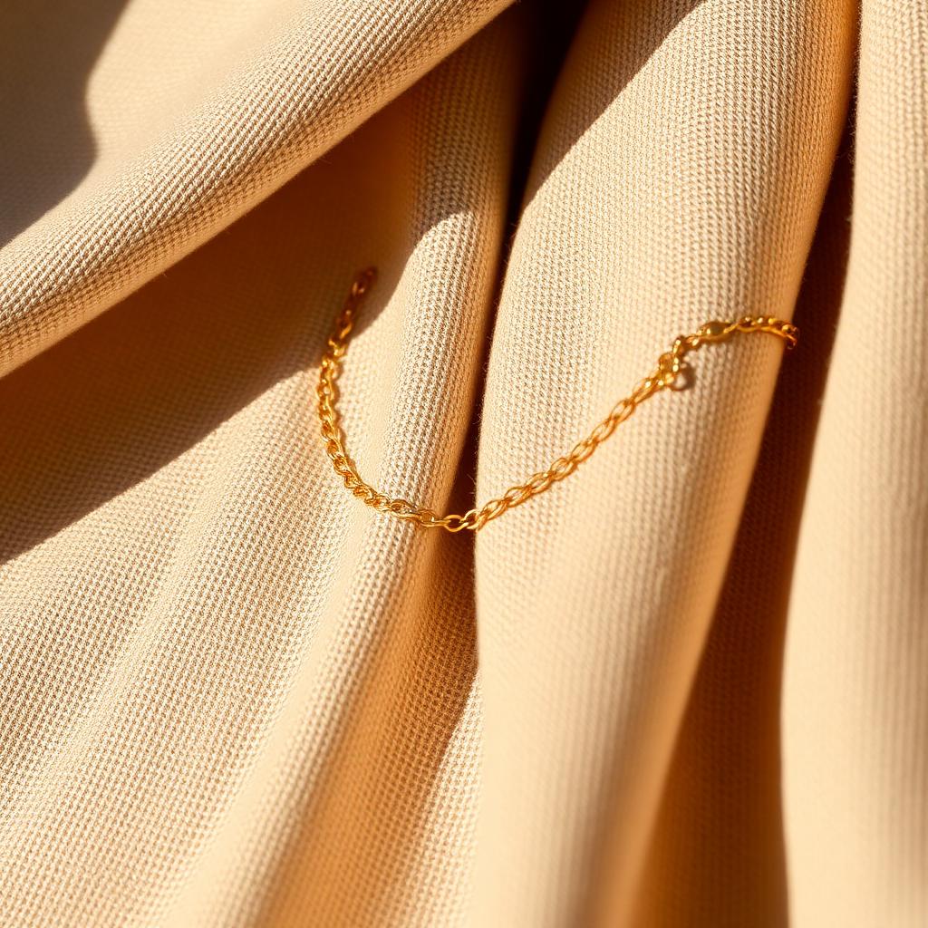 Pulsera fina de oro apoyada sobre tela color arena